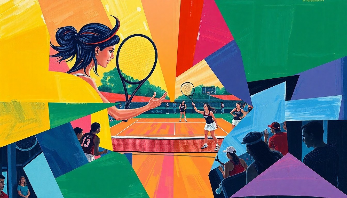 A cubist, geometric painting depicting a women's tennis match, with overlapping shapes and planes in the team colors of Western Carolina and UNCG, conveying the competitive energy of the sport.