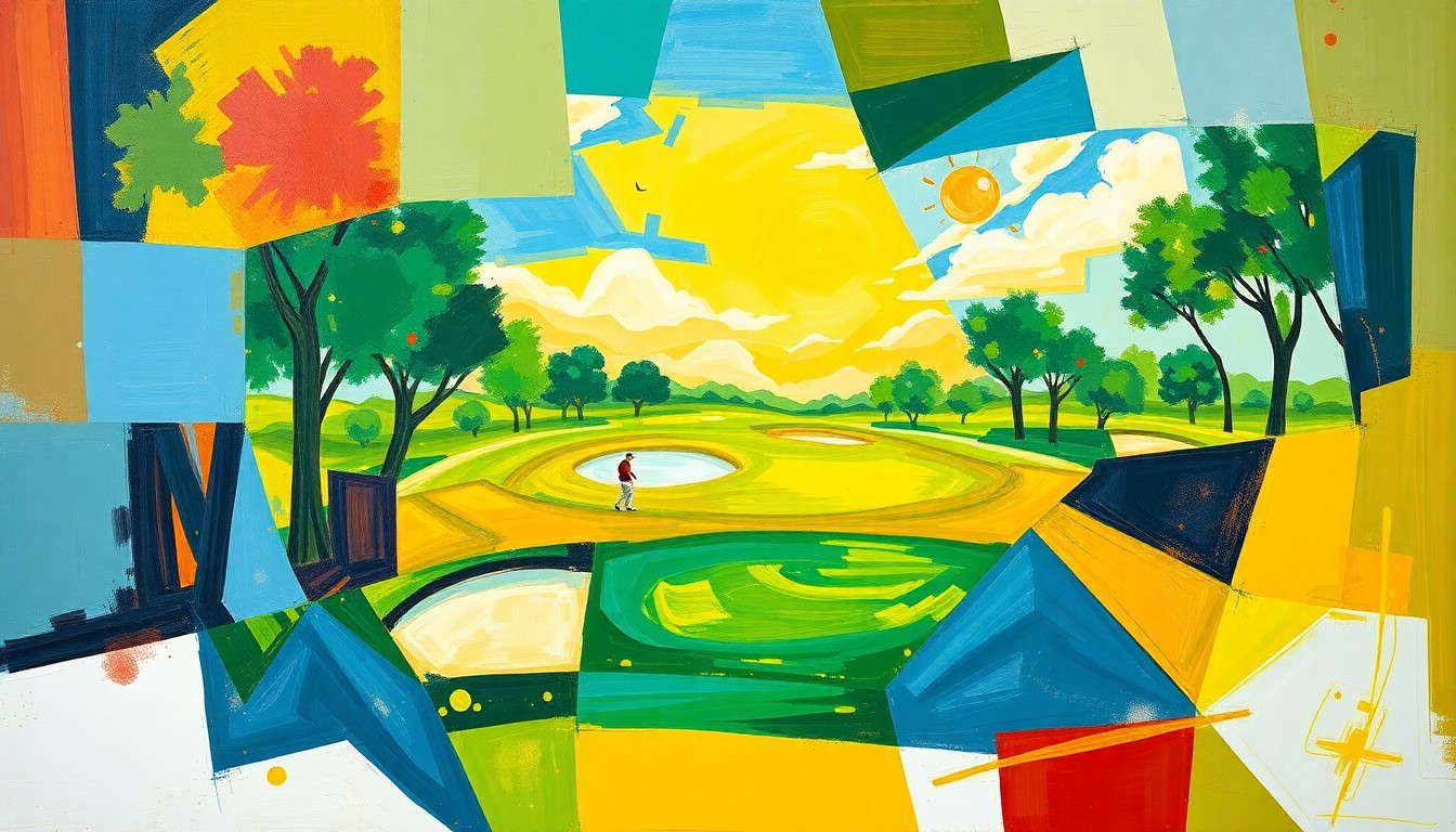 A cubist, geometric painting depicting a golf tournament, with overlapping planes of color and fragmented shapes representing the competition and energy of the event.