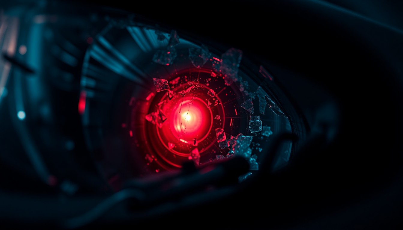 An extreme close-up of a shattered car sensor lens reflecting a faint red light, conceptually illustrating the aftermath of a fatal single-vehicle collision.