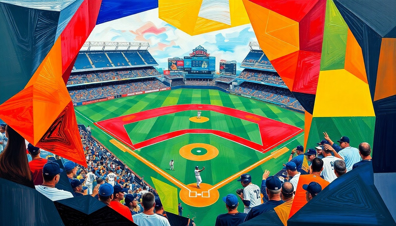 A fragmented, geometric painting depicting a baseball game between the Texas Rangers and Seattle Mariners, with the players and field broken down into sharp, overlapping shapes and planes of color, capturing the intensity and drama of the divisional matchup.