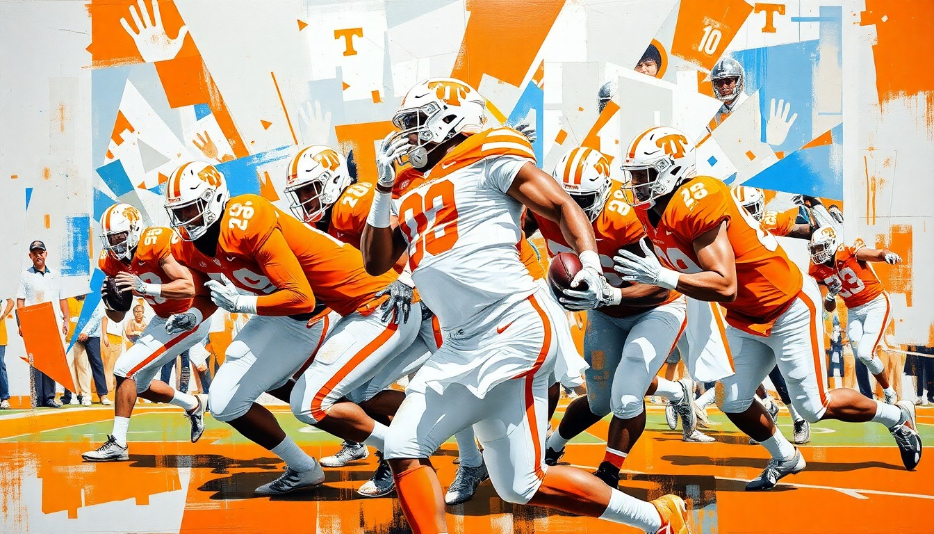 A cubist, geometric painting depicting the Tennessee Volunteers' defensive secondary in action, with sharp, overlapping planes of orange, white, blue, and gray colors capturing the energy and movement of the players.