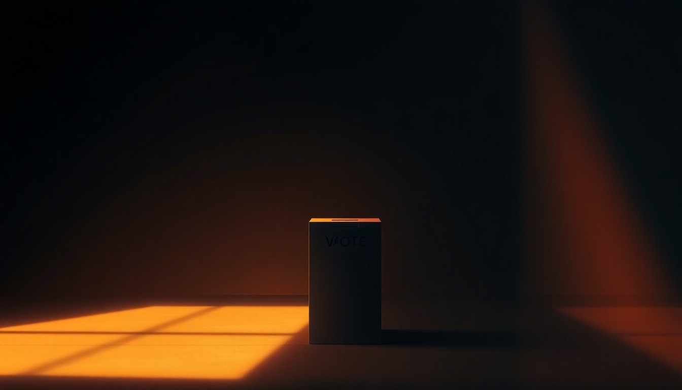 A serene, realistic painting of a lone ballot box sitting in a dimly lit room, with warm sunlight streaming in through a window and casting deep shadows across the floor, conveying a sense of civic duty and the quiet importance of local elections.