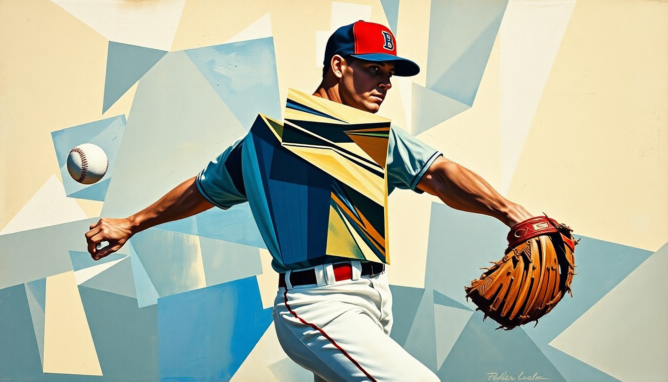 A fractured, multi-perspective painting depicting the motion and delivery of a baseball pitcher, with the player's body and the ball broken down into sharp, overlapping geometric shapes and planes in a cubist style, using a color palette of deep blues, earthy browns, and flashes of bright white.