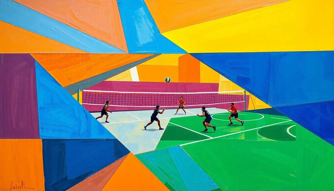 A cubist, geometric painting depicting a volleyball match, with sharp, overlapping planes of color representing the dynamic action on the court.