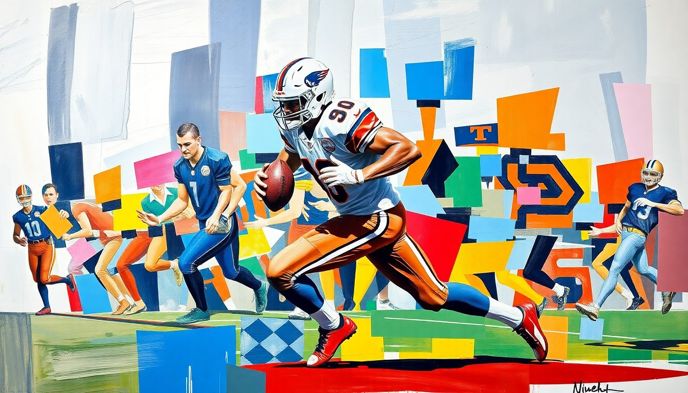 A cubist, geometric painting depicting a football player in mid-stride, with sharp, overlapping planes of color representing the player's movement and the teams' official colors.
