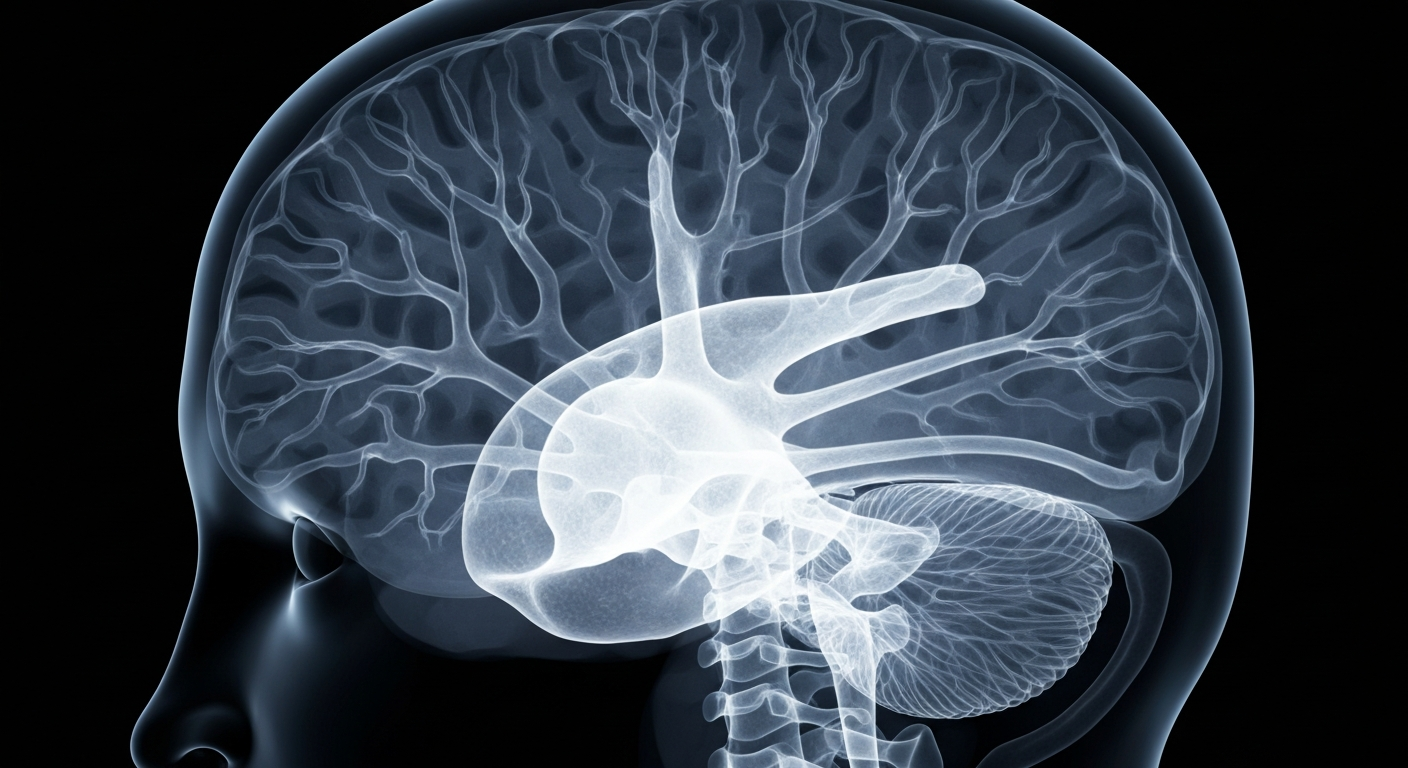 An ethereal, ghostly X-ray image revealing the intricate neural structures of the human brain, conceptually illustrating the complex biological factors that influence trauma and stress vulnerability.