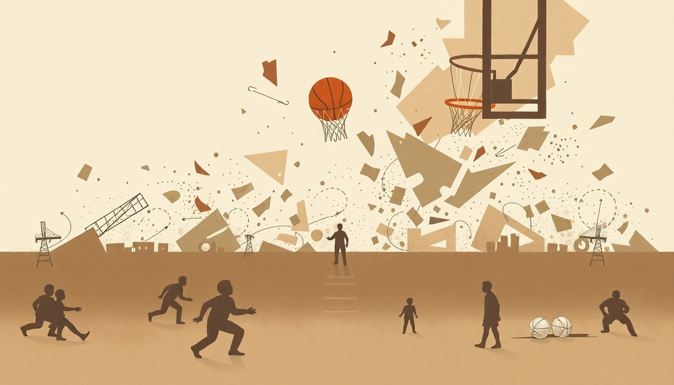 An abstract, fragmented illustration using muted, earthy tones to convey a sense of disarray and uncertainty, conceptually representing the challenges faced by a college basketball program struggling to field a competitive team.
