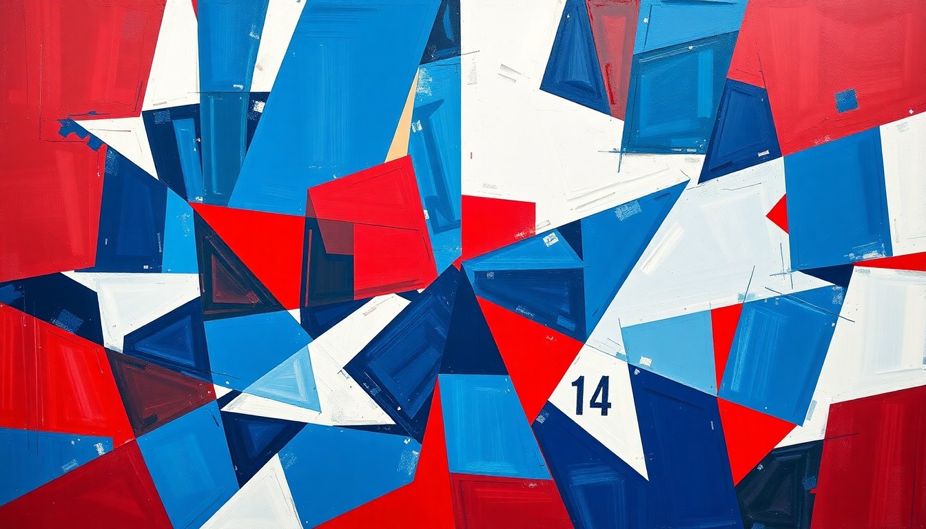A cubist, geometric painting depicting the action of a basketball game, with sharp, overlapping planes of blue, red, and white representing the competing teams and the intensity of the championship matchup.