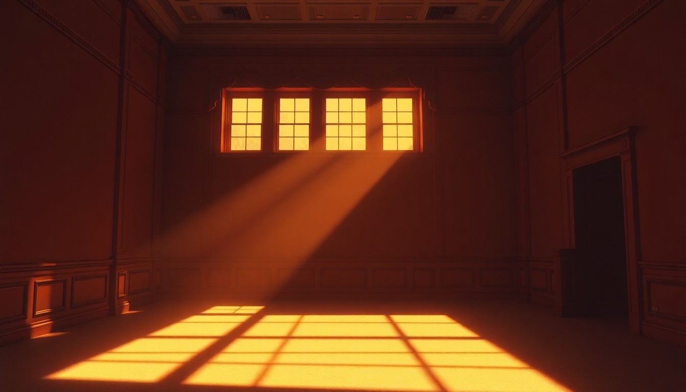 A dimly lit, cinematic government office space with empty desks and chairs, the scene bathed in warm, diagonal sunlight and deep shadows, conveying a sense of political uncertainty and the fragility of democratic institutions.