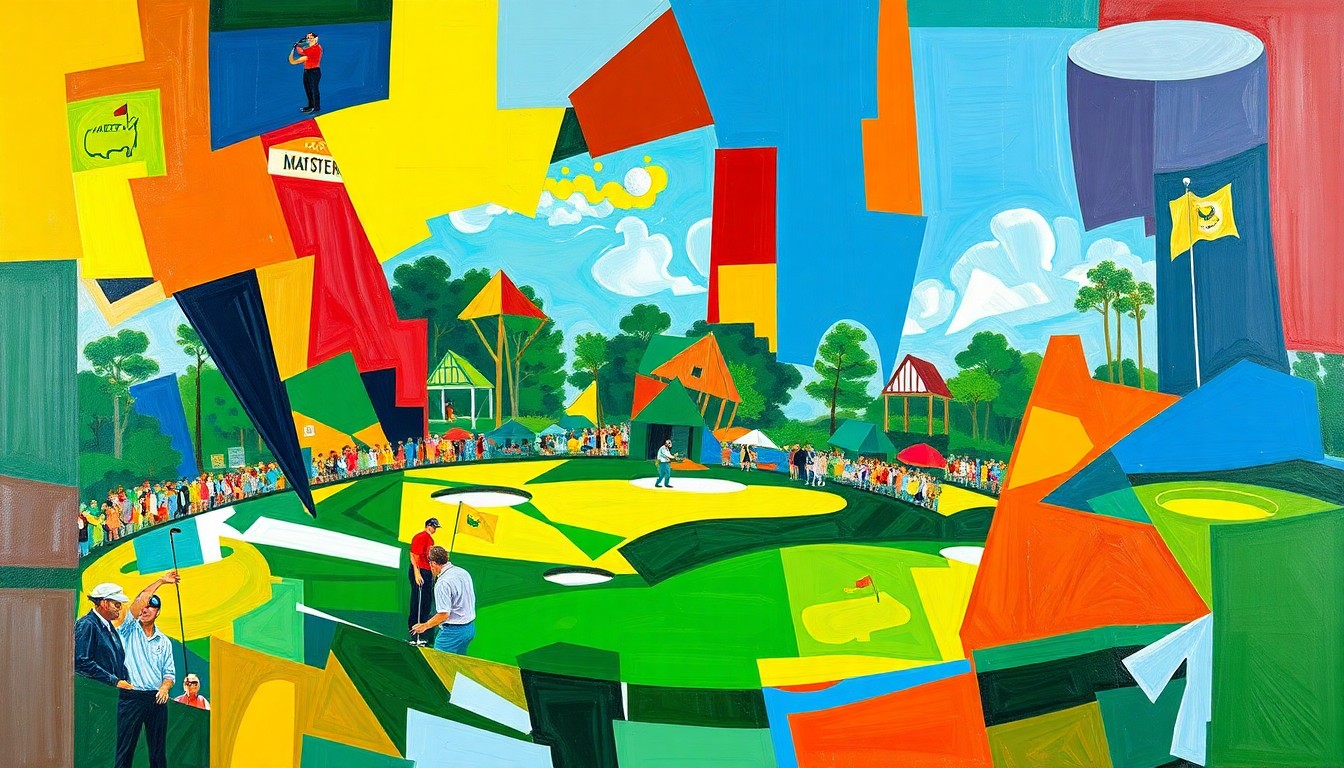 A fragmented, geometric painting in vibrant colors depicting a golf tournament, with sharp, overlapping planes and shapes that convey the intensity and excitement of the Masters.