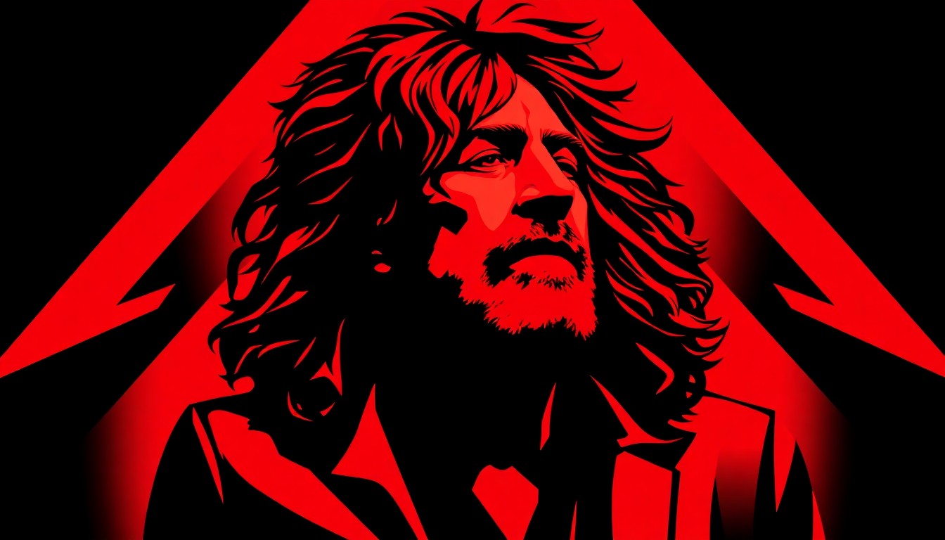 An abstract composition of bold, jagged red and black geometric shapes, conceptually representing the powerful presence of legendary rock singer Robert Plant.
