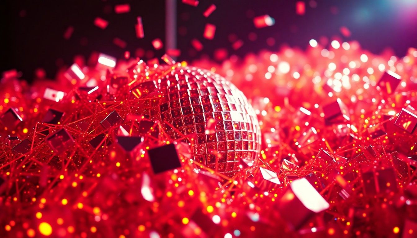 An abstract close-up image of shattered disco ball fragments reflecting dramatic, high-contrast studio lighting, conveying the celebratory, high-energy spirit of the 1980s new wave music era.