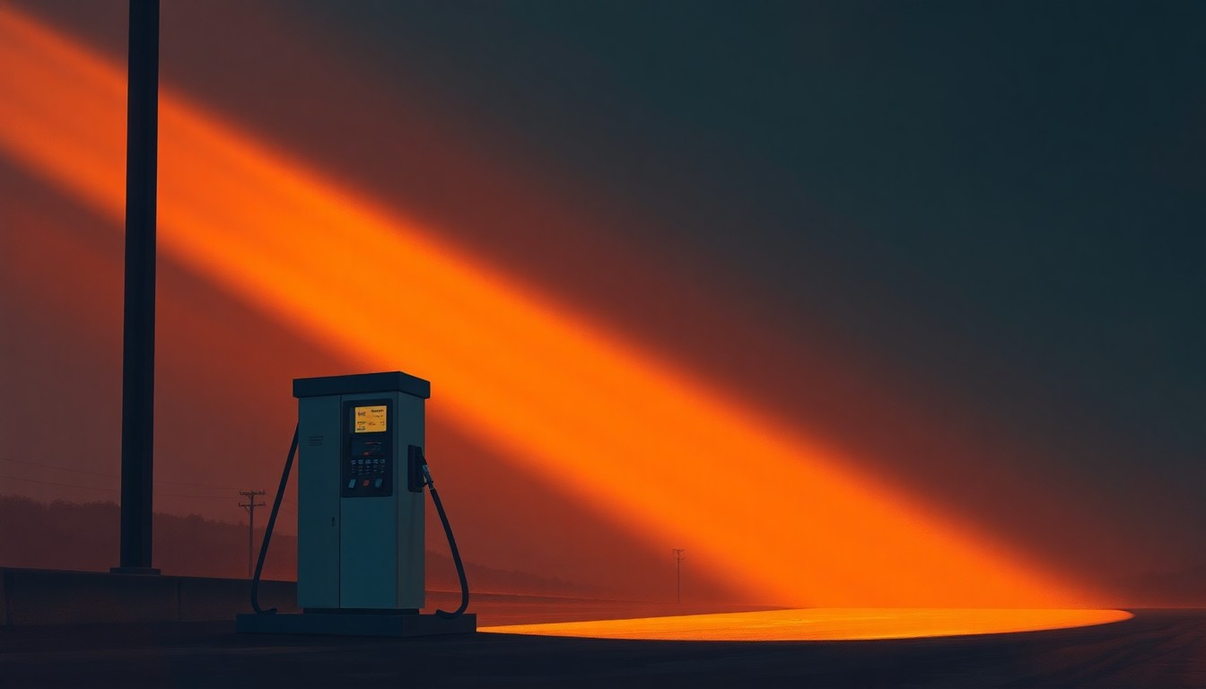A photorealistic painting of a lone gas pump standing in the warm, golden light of a city street, its shadows stretching across the pavement, conveying a sense of quiet contemplation and the emotional weight of rising fuel costs in a politically charged environment.