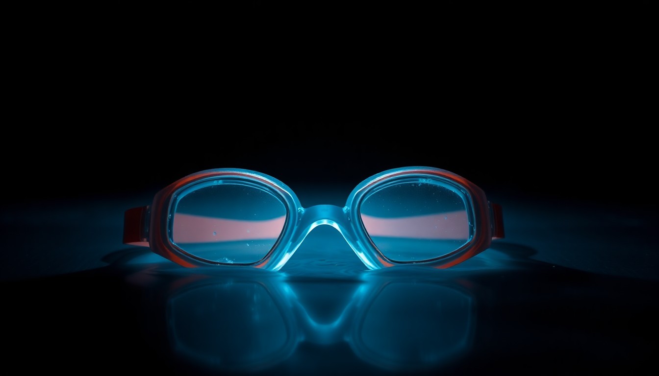An extreme close-up photograph of a child's swimming goggles lying on the edge of a pool, the harsh flash creating a stark, gritty, investigative aesthetic that conceptually represents the tragedy of a young life lost in the water.
