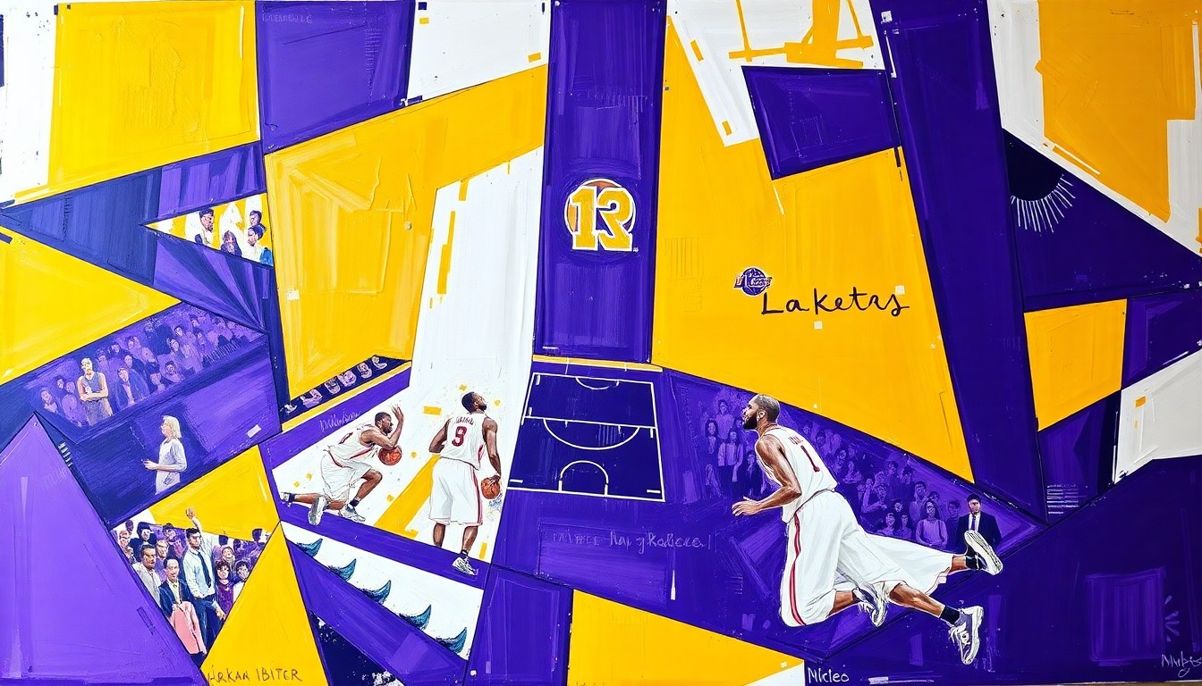 A cubist, geometric painting depicting a Lakers basketball game, with the players and court broken down into overlapping planes of purple, gold, and white.