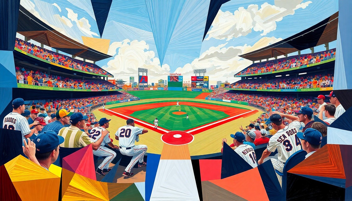A cubist-style painting depicting a baseball game broken down into overlapping geometric shapes and planes, using the bright colors of the teams' uniforms.