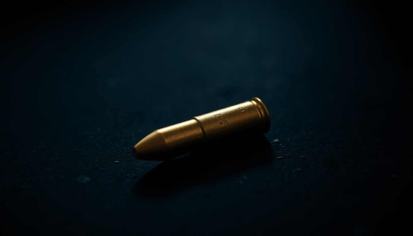 An extreme close-up photograph of a single spent bullet casing on a dark, textured surface, lit by a harsh, direct camera flash, conceptually illustrating the aftermath of a shooting incident.