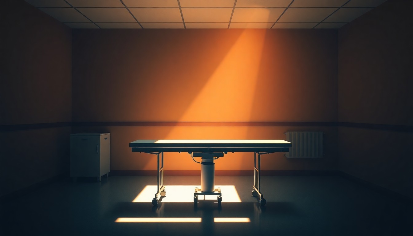 A dimly lit, cinematic painting of a solitary medical examination table, its surface reflecting the warm glow of sunlight streaming in through a nearby window, conceptually representing the hidden horrors of forced organ harvesting.