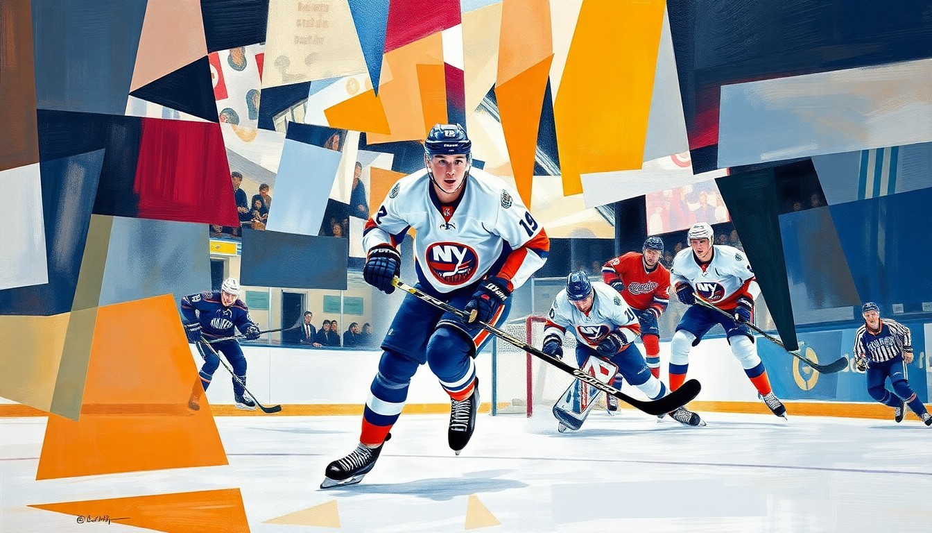 A cubist, geometric painting depicting Mathew Barzal, the Islanders' star center, in motion on the ice, with sharp, overlapping planes of color and form capturing the energy and dynamism of the game.