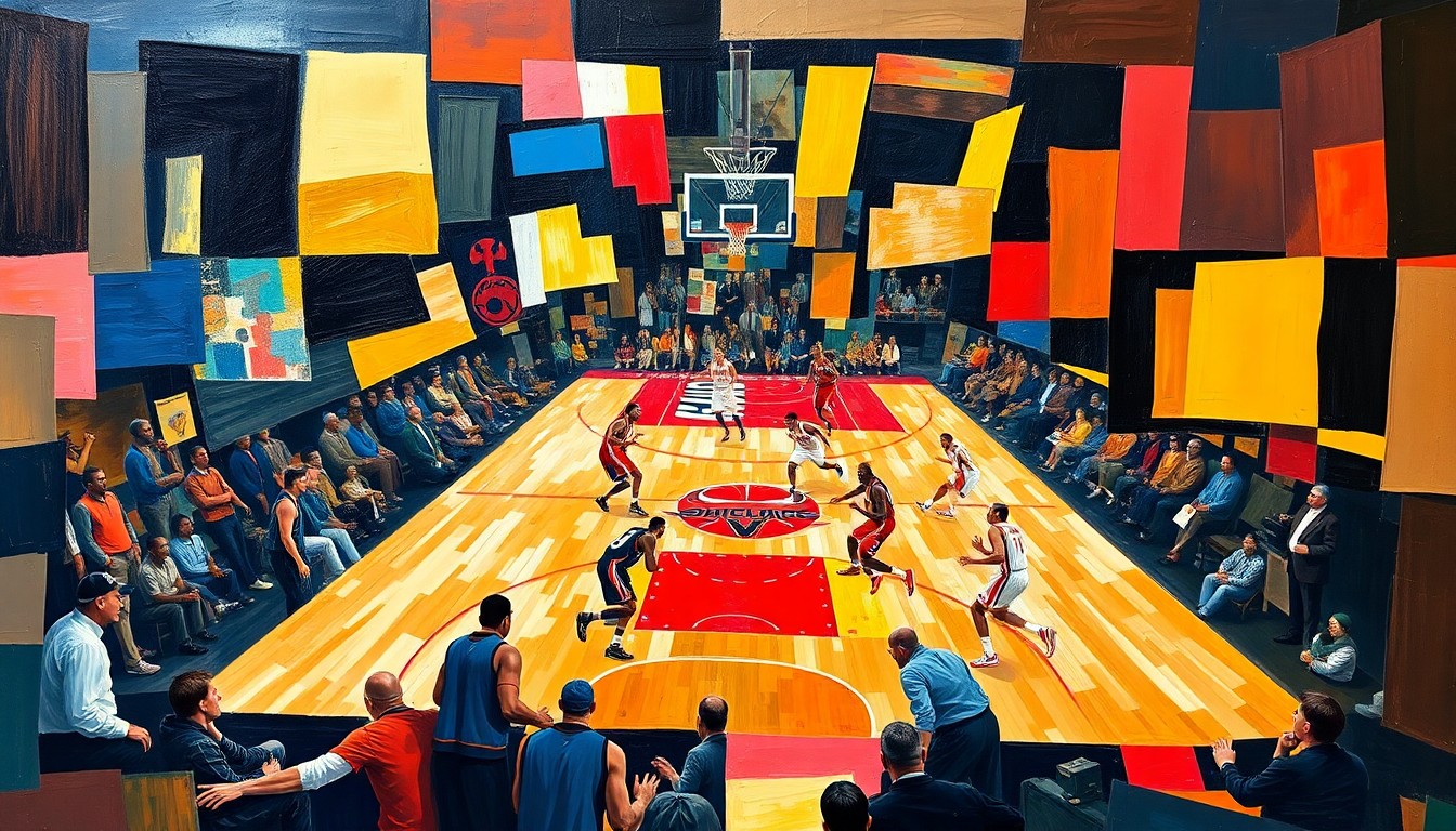 A fractured, multi-perspective painting breaking down a basketball game into sharp, overlapping geometric planes, capturing the explosive movements and energy of the players on the court.