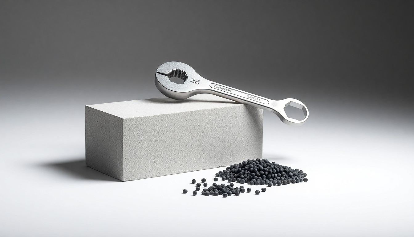 A high-end, photorealistic studio still life featuring polished concrete, chrome tools, and fresh asphalt, conceptually representing the materials and equipment used in highway repaving projects.