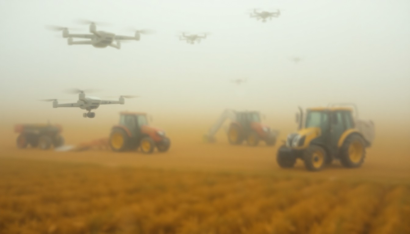 An abstract, impressionistic scene of blurred agricultural equipment and technology, conveying the hands-on, experiential nature of the new mobile lab.