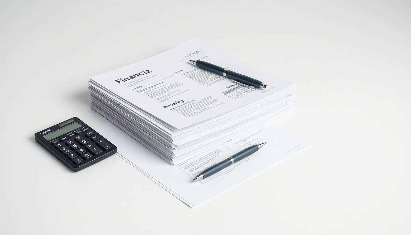 A photorealistic studio still life featuring a stack of financial documents, a pen, and a calculator arranged on a clean, monochromatic background, conveying the abstract concepts of corporate strategy and finance.