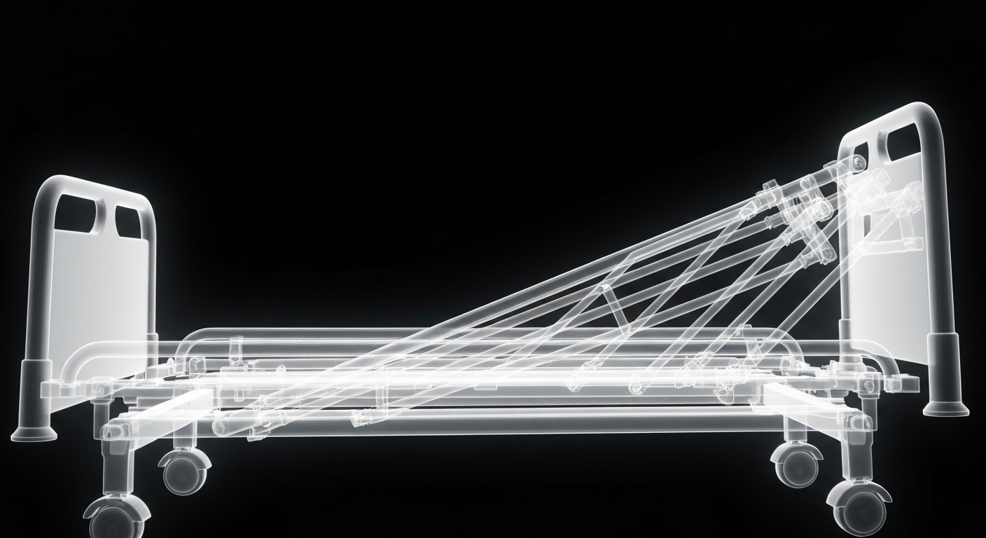 A translucent, ghostly X-ray photograph of a hospital bed frame, with the intricate metal structure glowing against a dark background, conceptually representing the fragile state of the healthcare system.