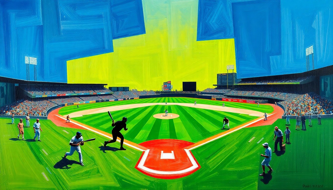 A cubist, geometric painting depicting a baseball game in motion, with overlapping planes of green, blue, and player silhouettes, capturing the dynamic energy of the sport.