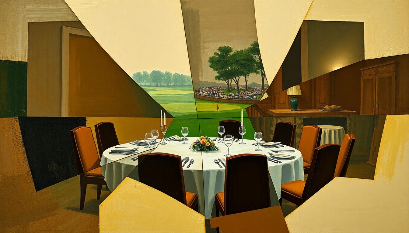 A cubist, geometric painting depicting a fragmented view of a formal dinner table setting, with overlapping planes of muted earth tones, deep greens, and rich browns conceptually representing the shared camaraderie of the Masters' non-champion players.