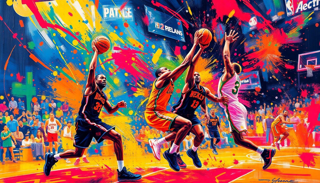 An abstract, energetic painting featuring vibrant neon brushstrokes and splatters of color, capturing the dynamic movement and intensity of a basketball game.