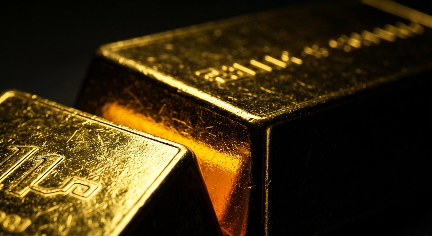 An extreme close-up photograph of a shiny gold bullion bar or gold coins, dramatically lit against a dark background to represent the weight and solidity of the precious metal as a safe haven asset.