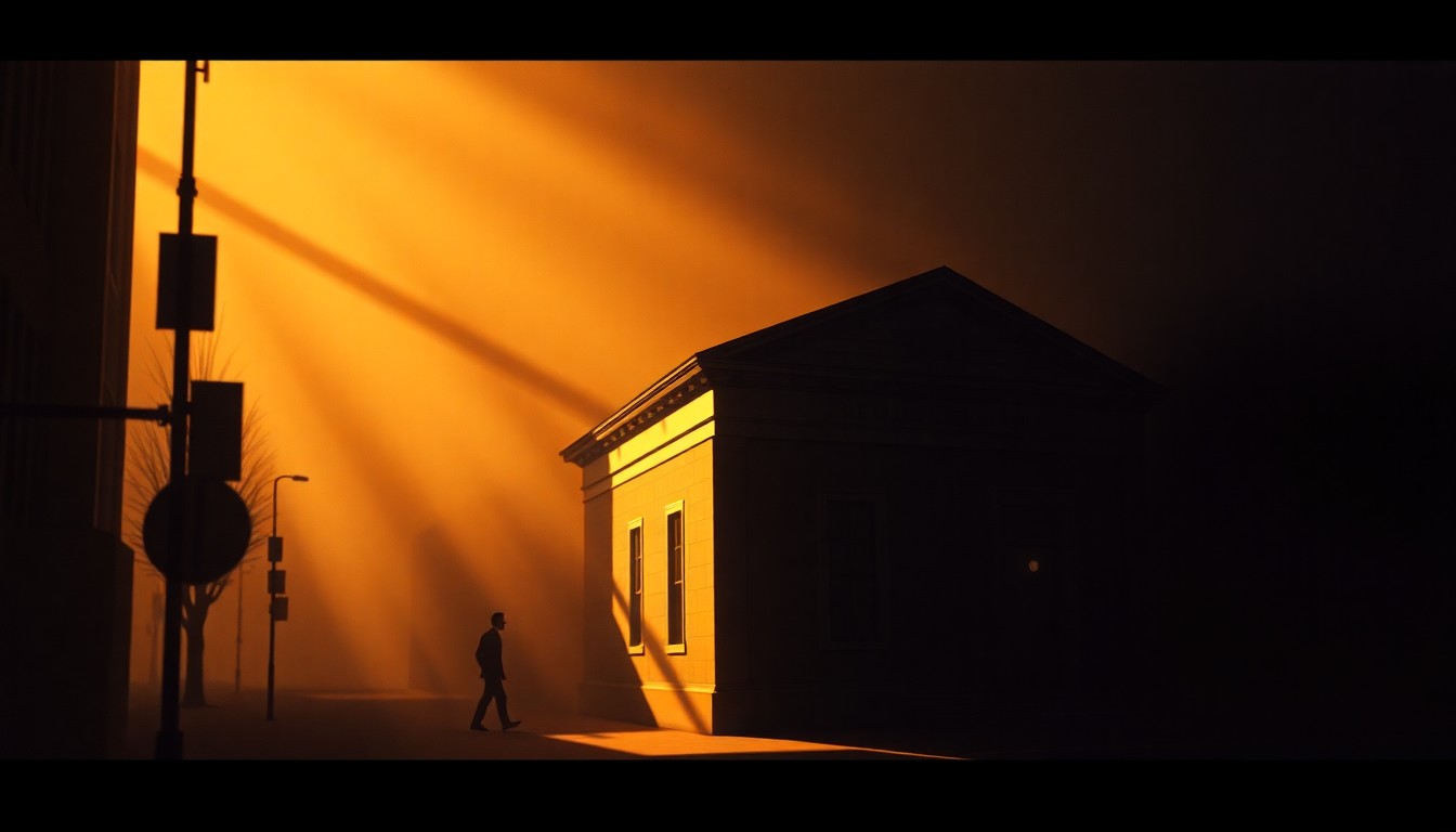 A serene, cinematic painting of a city hall building or mayoral office, with warm light filtering through the windows and deep shadows cast across the facade, capturing a sense of civic duty and community leadership.