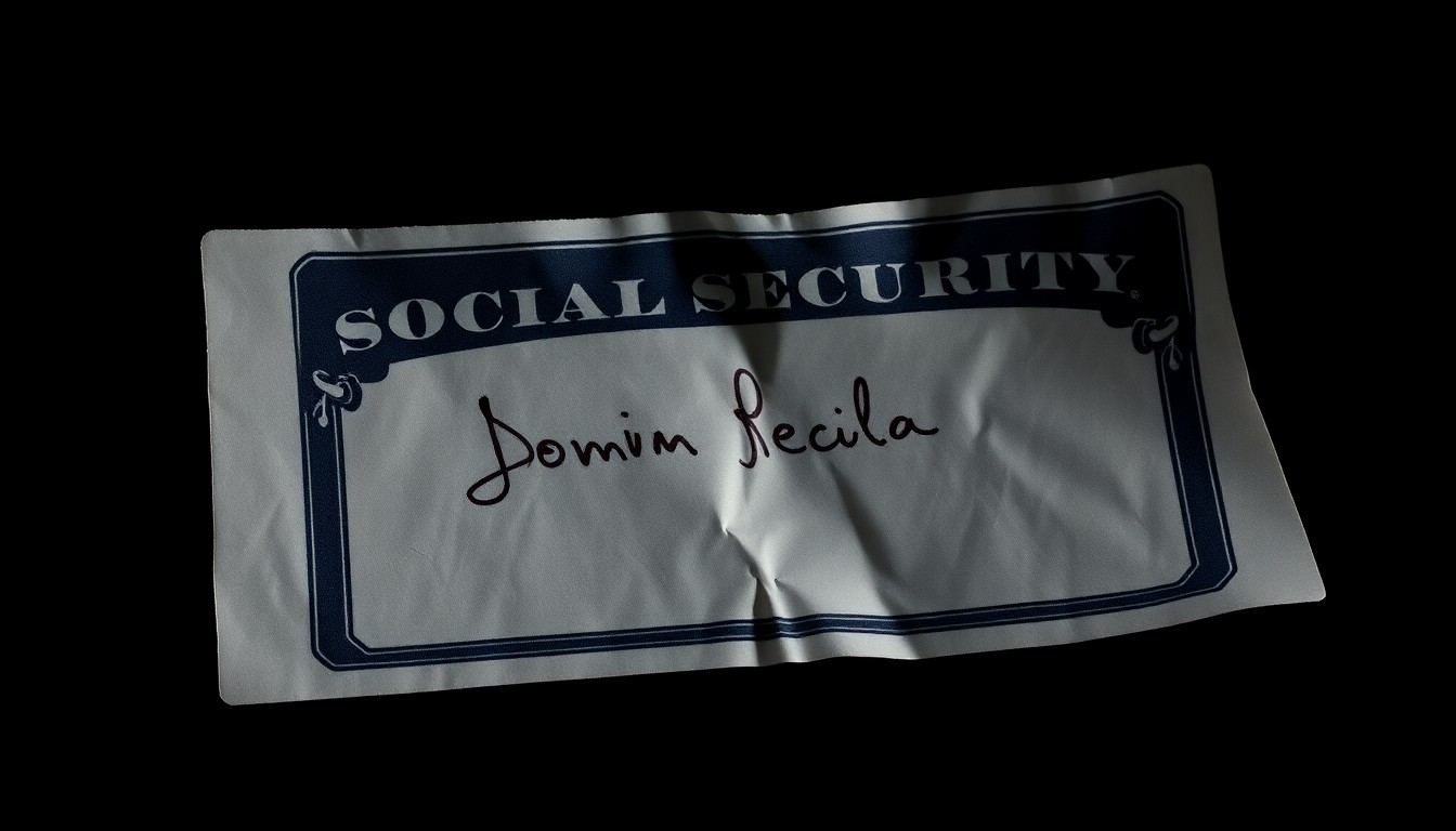 An extreme close-up of a crumpled Social Security card, reflecting the harsh lighting of a direct camera flash, conceptually representing the vulnerability of retirees to identity theft and financial fraud.