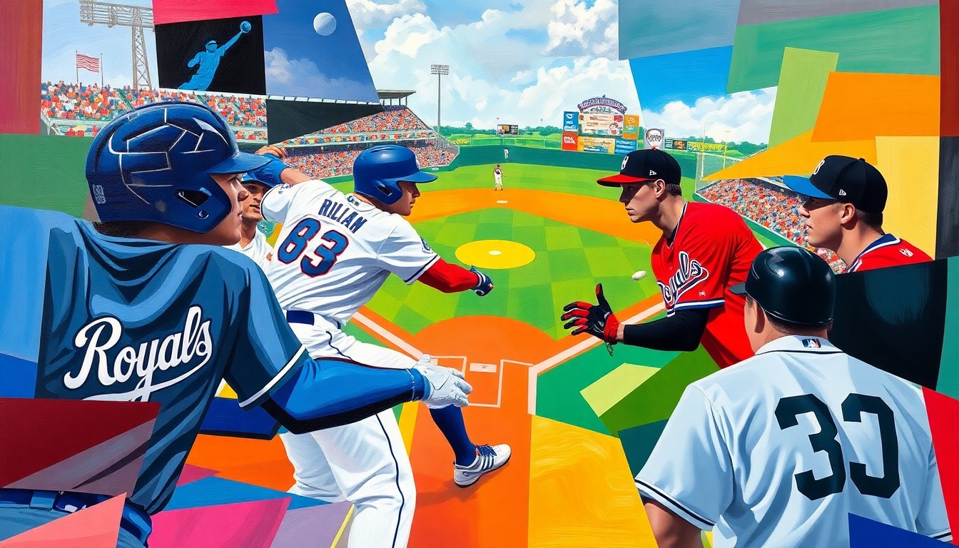 A cubist-style painting featuring fragmented, geometric shapes in the colors of the Royals and Guardians uniforms, representing the tension and drama of the late-inning baseball game.