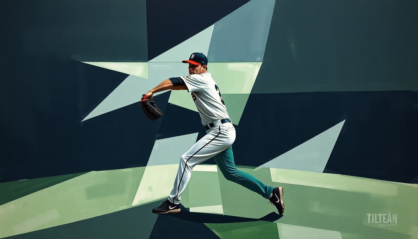A fragmented, geometric painting of a baseball pitcher's motion, with sharp planes of navy, green, and grey conveying the White Sox's pitching challenges.