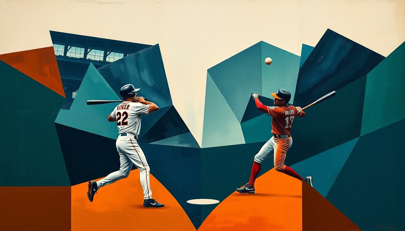 A fragmented, geometric painting depicting a baseball game between the Mariners and Rangers, with the players' forms broken down into sharp, overlapping shapes in muted tones of navy, forest green, and burnt orange.