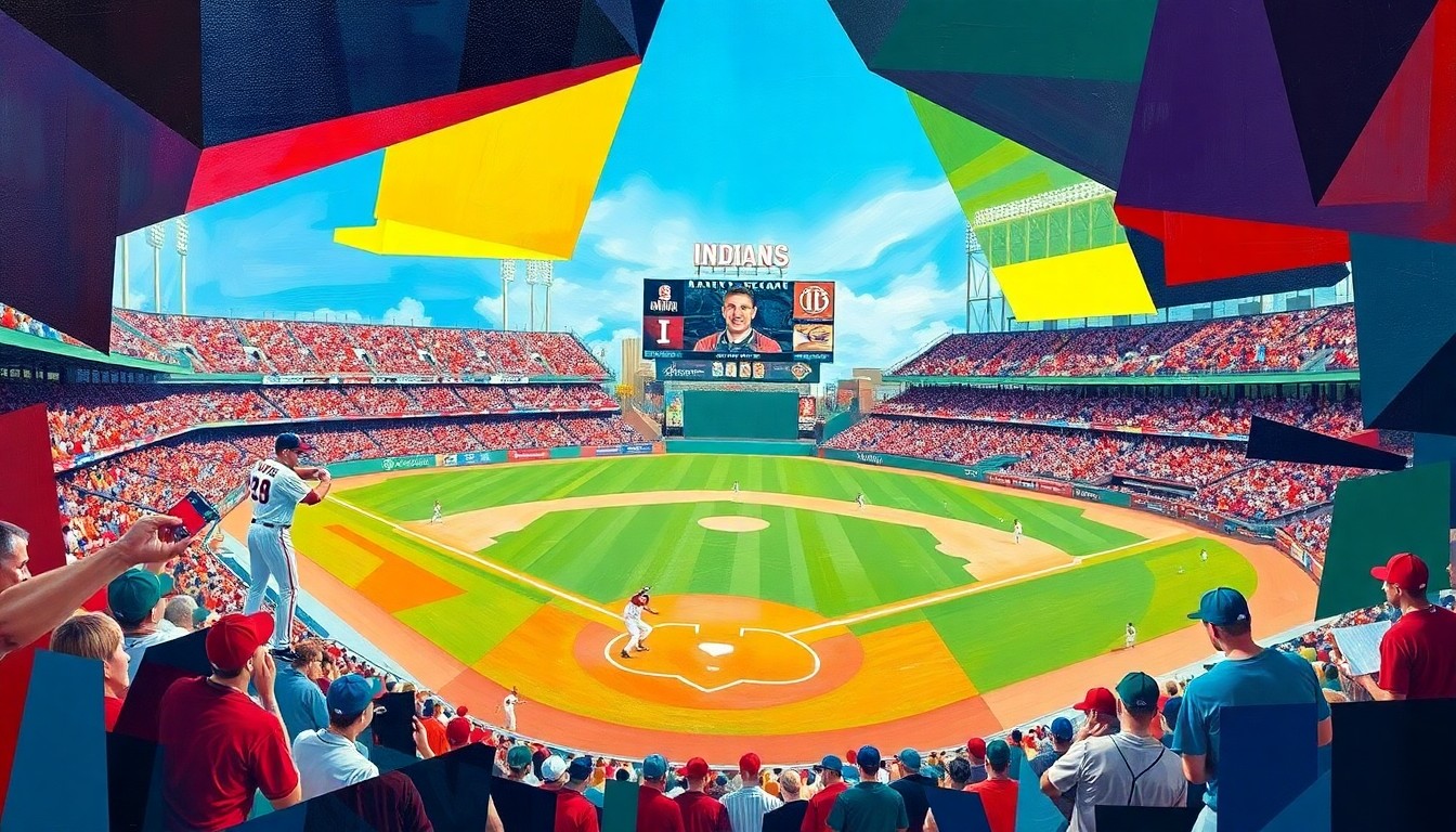 A cubist-style painting depicting a baseball game broken down into sharp, overlapping geometric shapes and planes in the team colors of Ball State and Indiana, conveying the fractured nature of the close contest.