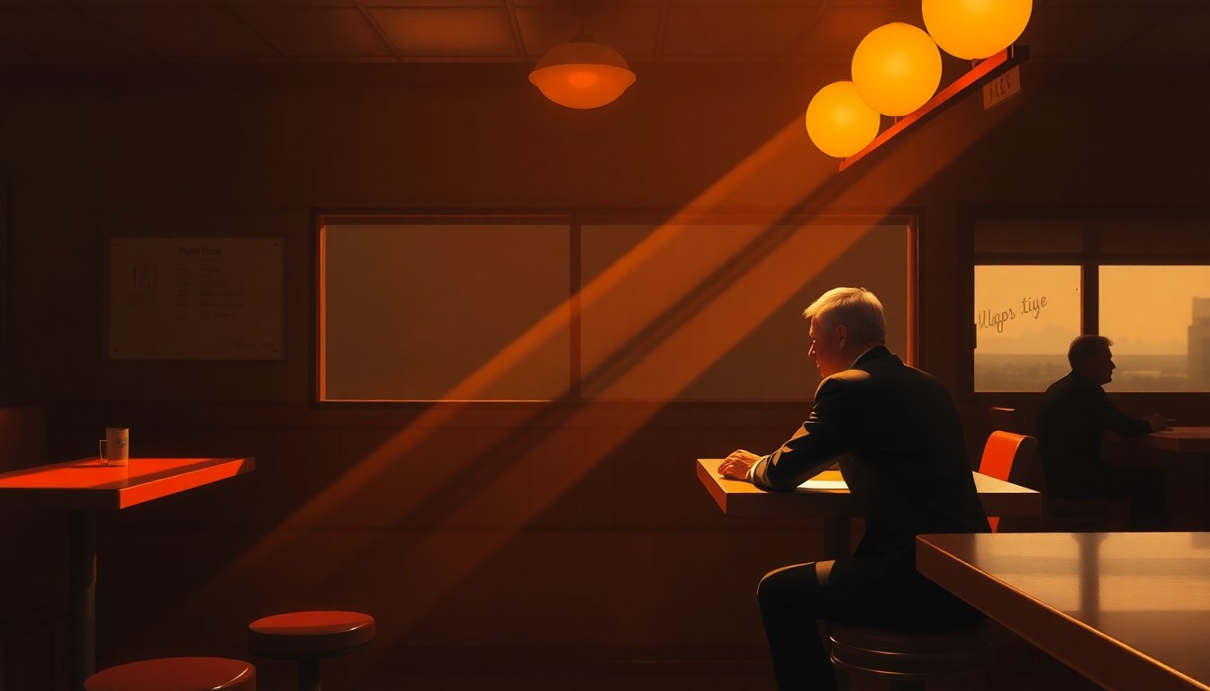A cinematic painting of a lone figure sitting at a diner counter, the warm light and deep shadows creating a pensive, reflective mood around the solitary subject.