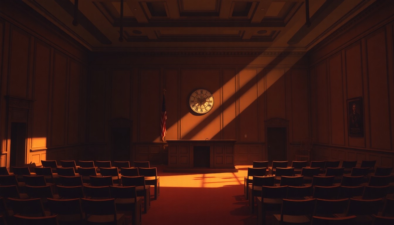 A dimly lit, cinematic painting of an empty government meeting room, with warm sunlight streaming through the windows and deep shadows cast across the empty chairs and tables, conveying a sense of transition and anticipation for the city's political future.