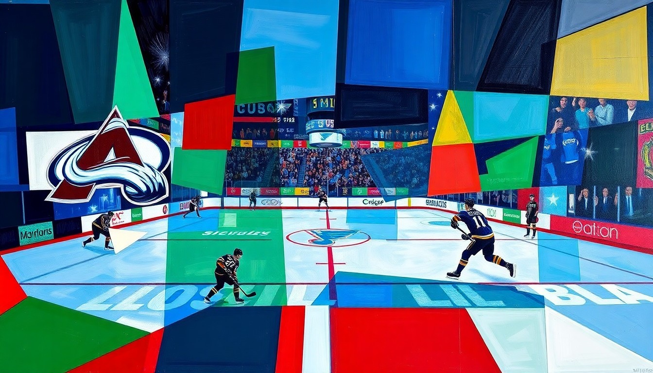 A cubist-style painting depicting a hockey game, with the players and ice rink broken down into sharp, overlapping geometric shapes in shades of blue, green, and red, conveying the intensity and energy of the matchup.