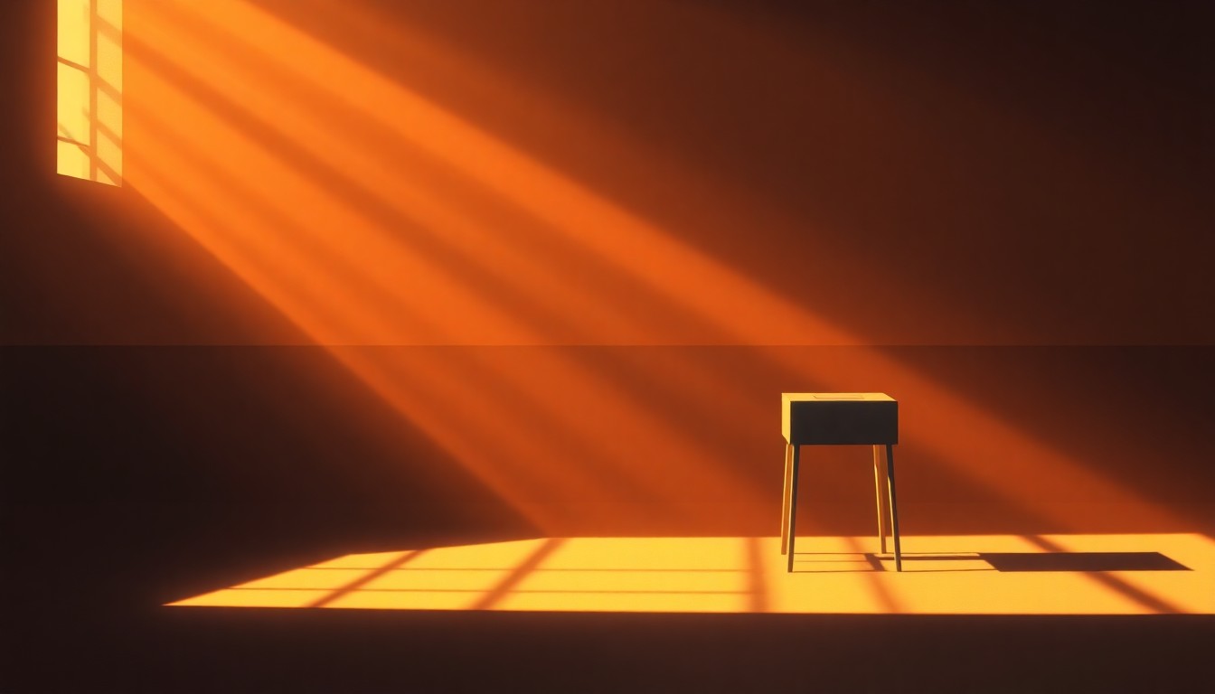 A serene, photorealistic painting of a lone ballot box or voting booth set against a backdrop of warm, natural light and deep shadows, capturing the contemplative mood of local elections.