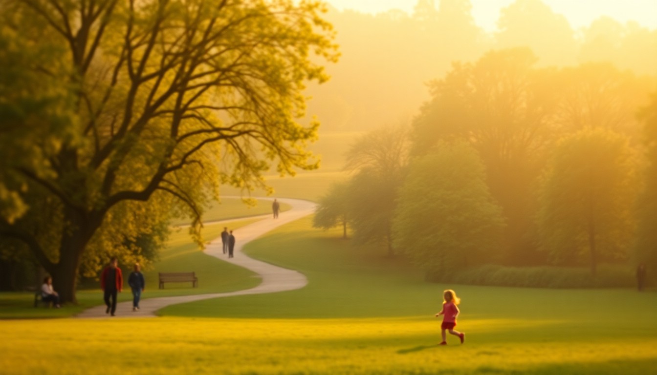 An extremely abstracted, out-of-focus photograph in soft pools of warm color and light, depicting a verdant park setting with people walking along winding paths and children playing on the grass, conceptually representing the community-driven transformation of an unwanted urban infrastructure into a vibrant public space.