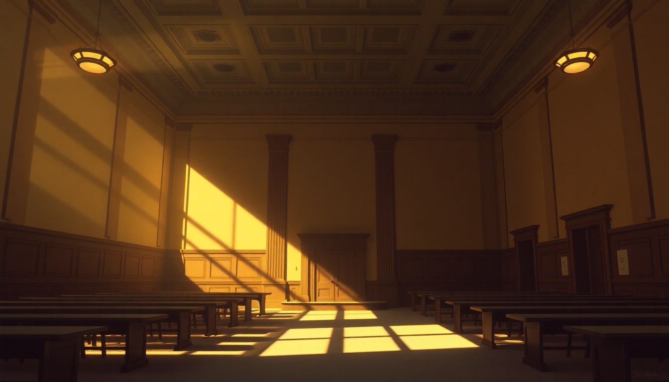 A serene, photorealistic painting of an empty state courthouse interior with warm lighting and deep shadows, conveying a sense of quiet power and judicial authority.