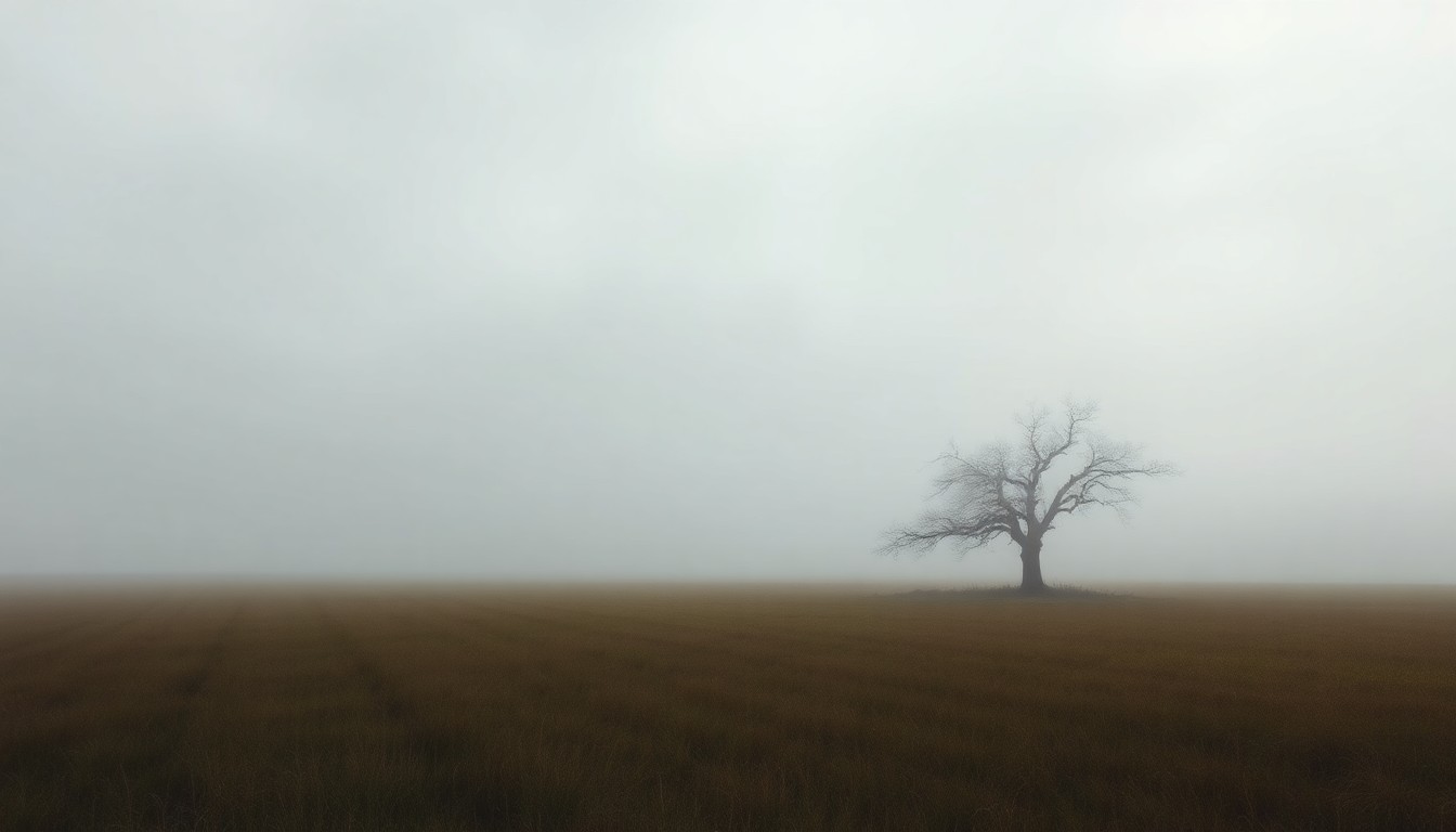 A serene, atmospheric landscape painting in muted tones of gray, blue, and white, depicting a lone, bare tree silhouetted against a hazy, overcast sky, conveying the sublime power of nature's changing weather conditions.