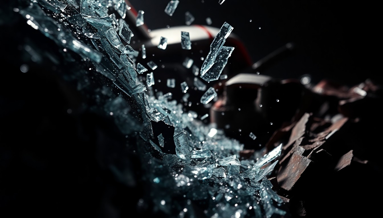 An extreme close-up photograph of shattered glass and crumpled metal in high-contrast studio lighting, conceptually representing the aftermath of a serious car accident.