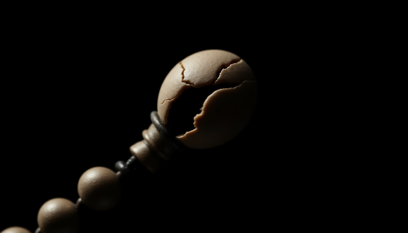 An extreme close-up photograph of a Catholic rosary bead against a pitch-black background, the bead cracked and worn, conveying the damage caused by clergy sexual abuse.