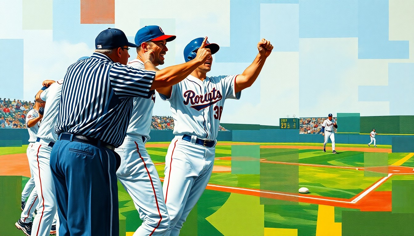 A fragmented, geometric painting depicting a baseball player in mid-challenge, the field and umpire broken down into sharp, overlapping planes of color, capturing the tension and complexity of the new replay rules.