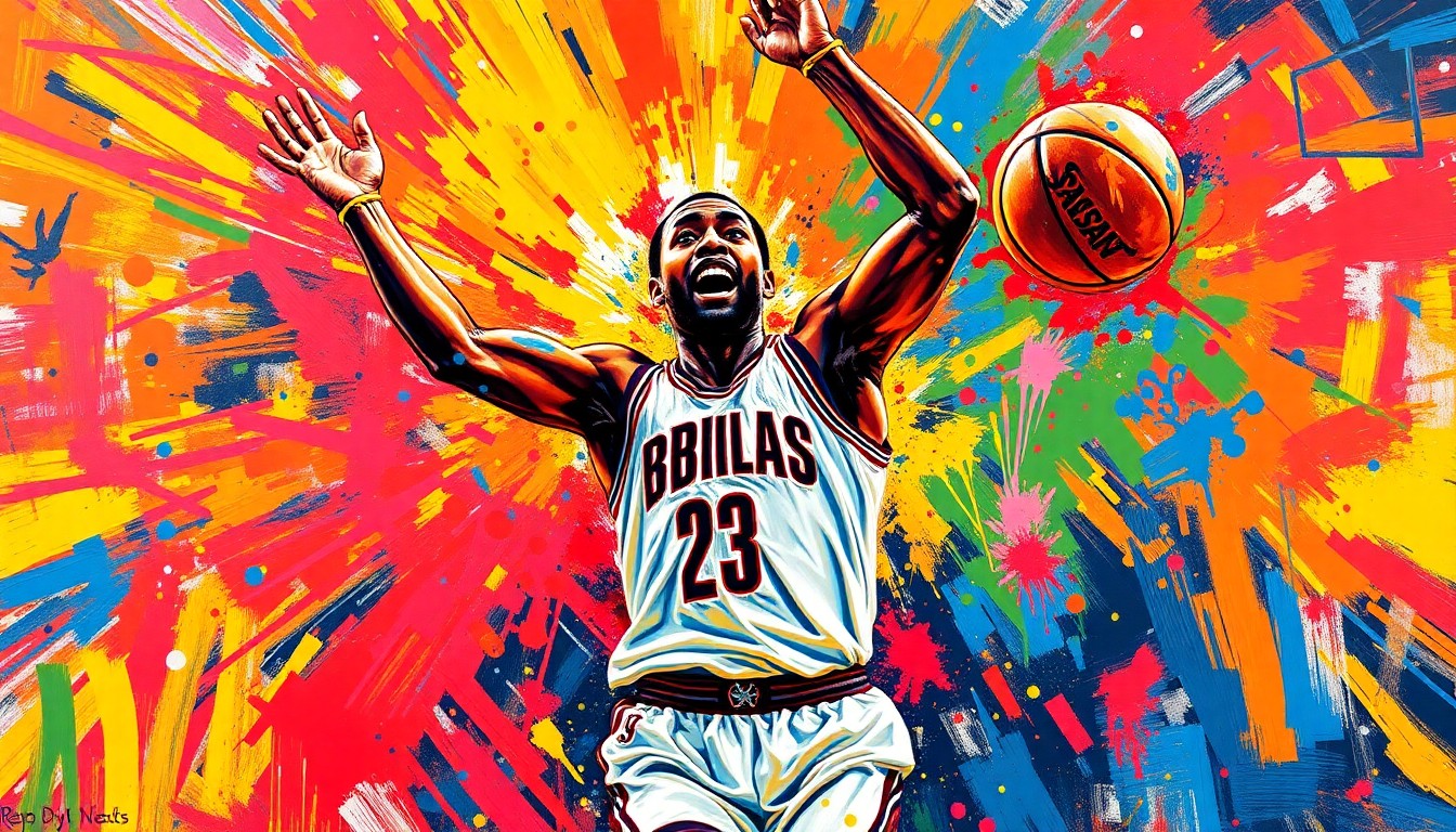 An abstract, expressionist painting featuring bold, neon-colored brushstrokes capturing the dynamic movement and energy of a basketball player driving to the hoop, with his face and jersey dissolving into a vibrant, textured blur.