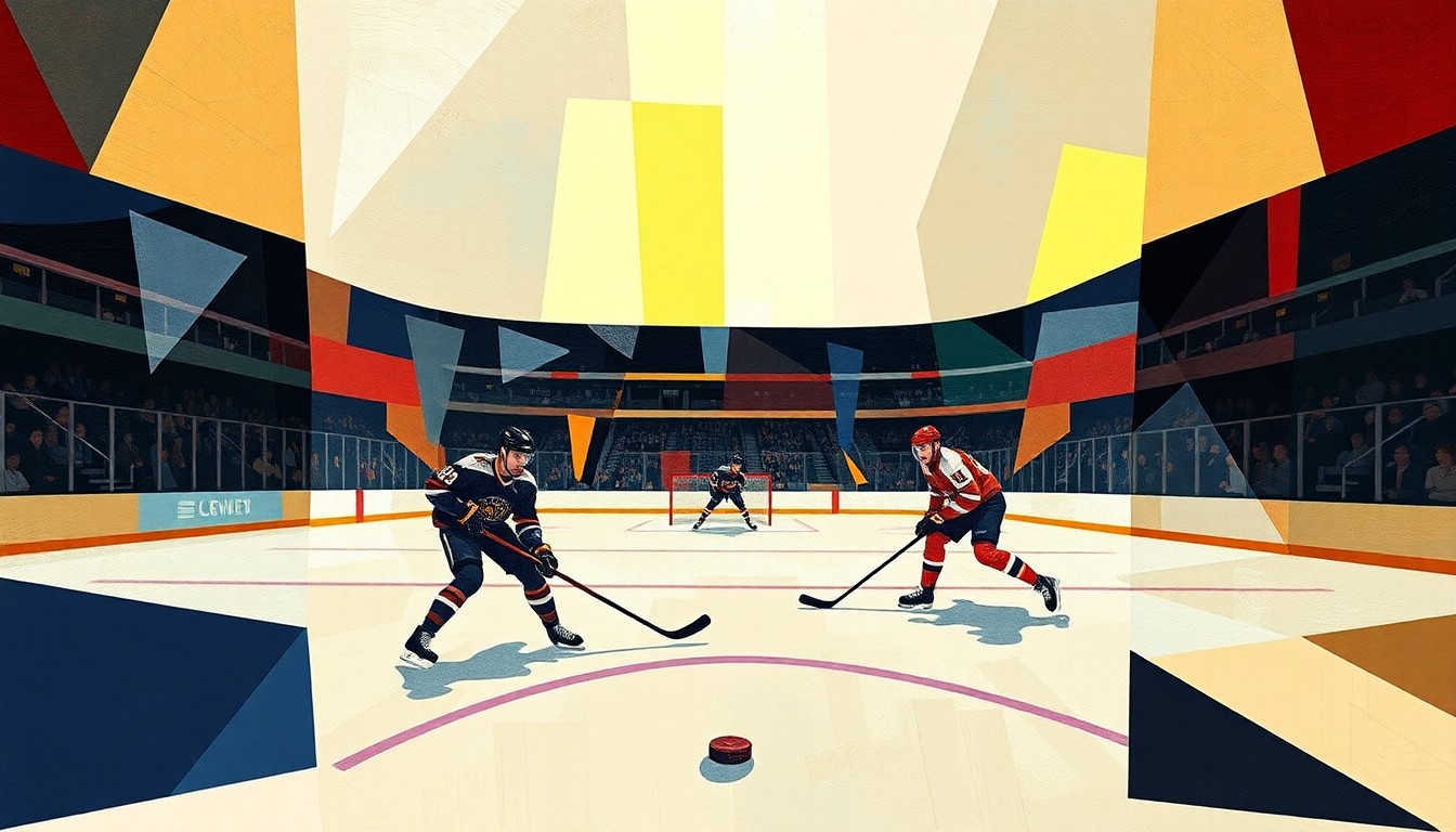 A cubist-style painting depicting a hockey game in an abstract, fragmented manner, with players and the puck represented as overlapping geometric shapes and planes of color.